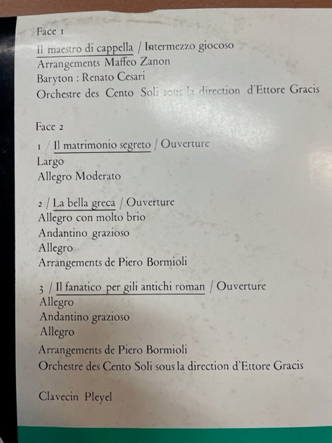 Vinyle Domenico Cimarosa direction Ettore Gracis- 3000 partitions, livres et vinyles d'occasion en vente sur notre site internet gastonmusicclub.fr Gaston Music Store
