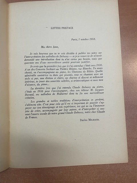 Sur l'interprétation des mélodies de Claude Debussy livre de Jane Bathori