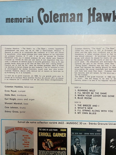 Vinyle Coleman Hawkins Memorial Coleman Hawkins-3000 partitions, livres et vinyles d'occasion en vente sur notre site internet gastonmusicclub.fr Gaston Music Store