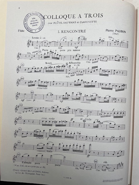 Pierre Paubon Colloque à trois - trio pour flûte, hautbois et clarinette-3000 partitions, livres et vinyles d'occasion en vente sur notre site internet gastonmusicclub.fr Gaston Music Store