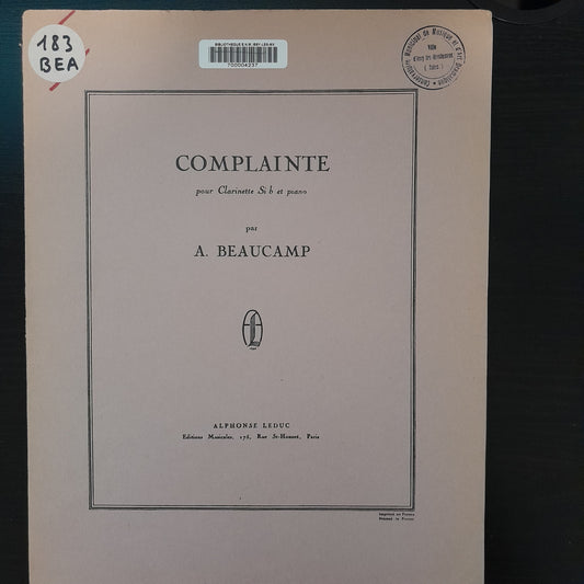Albert Beaucamp Complainte pour clarinette en sib et piano-3000 partitions, livres et vinyles d'occasion en vente sur notre site internet gastonmusicclub.fr Gaston Music Store