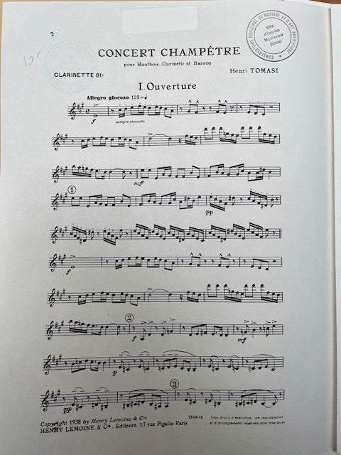 Henri Tomasi Concert champêtre pour Hautbois, Clarinette et Basson-3000 partitions, livres et vinyles d'occasion en vente sur notre site internet gastonmusicclub.fr Gaston Music Store