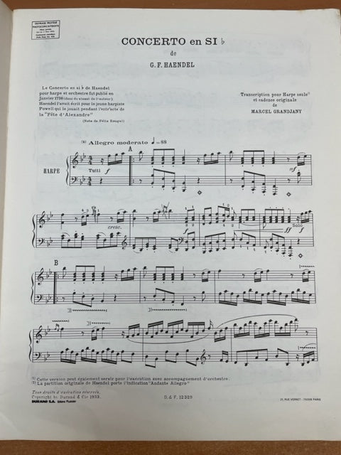 G-F Haendel Concerto en si bémol pour harpe-3000 partitions, livres et vinyles d'occasion en vente sur notre site internet gastonmusicclub.fr Gaston Music Store
