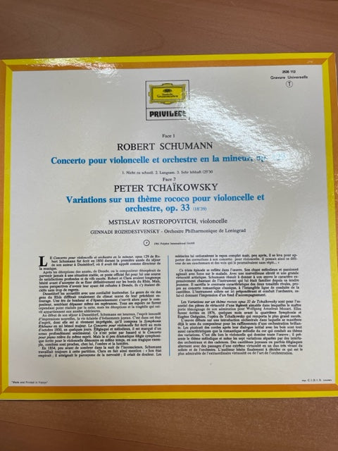 Vinyle Schumann - Tchaïkovsky Concerto pour violoncelle - Variations rococo - 3000 partitions, livres et vinyles d'occasion en vente sur notre site internet gastonmusicclub.fr Gaston Music Store