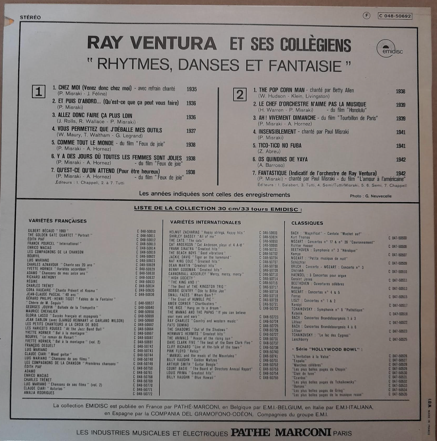 Vinyle 33 tours Ray Ventura et ses collégiens Rythmes, danses et fantaisie