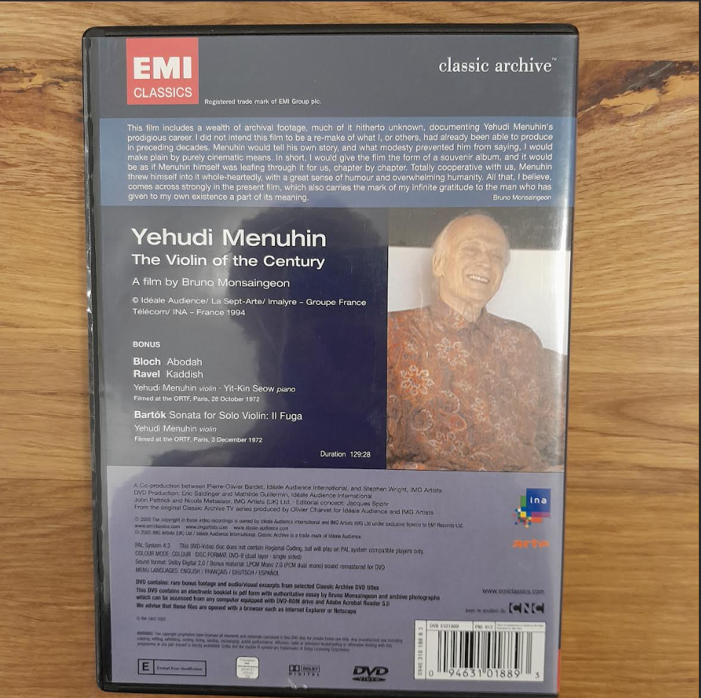 DVD documentaire Yehudi Menuhin, the violin of the Century