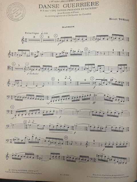 Henri Tomasi Danse guerrière pour basson et piano-3000 partitions, livres et vinyles d'occasion en vente sur notre site internet gastonmusicclub.fr Gaston Music Store
