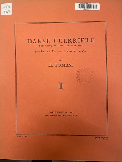 Henri Tomasi Danse guerrière pour basson et piano-3000 partitions, livres et vinyles d'occasion en vente sur notre site internet gastonmusicclub.fr Gaston Music Store
