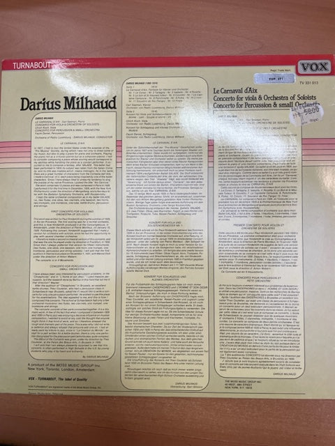 Vinyle Milhaud Darius Le Carnaval d'Aix - Concerto pour percussion & petit Orchestre - Concerto pour violon & Orchestre de Solistes