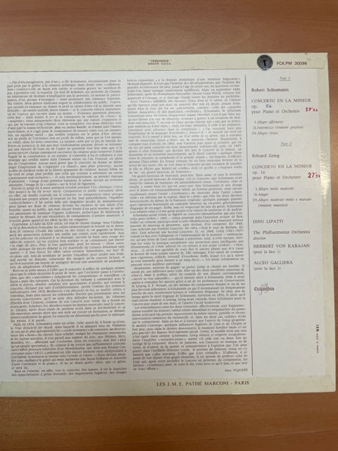 Vinyle Schumann Concerto en la mineur - Grieg Concerto en la mineur Dinu Lipati au piano