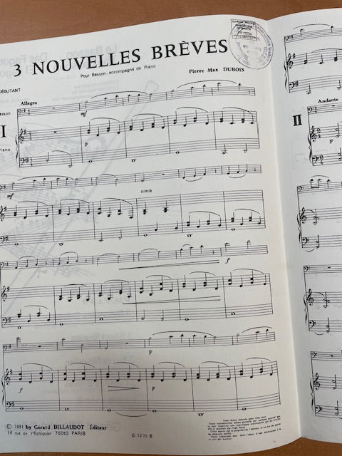 Pierre Dubois 3 nouvelles brèves pour basson et piano-3000 partitions, livres et vinyles d'occasion en vente sur notre site internet gastonmusicclub.fr Gaston Music Store