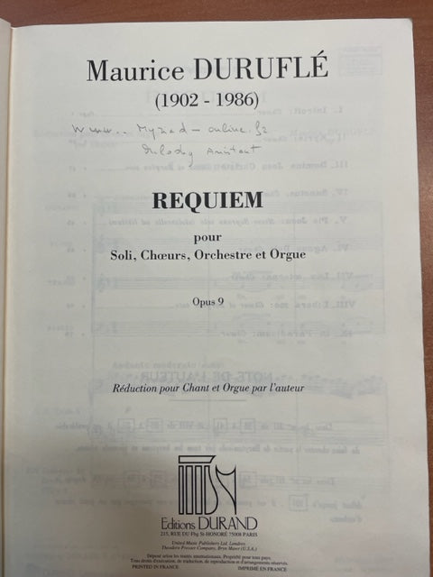 Maurice Duruflé Requiem Requiem - réduction pour chant et orgue