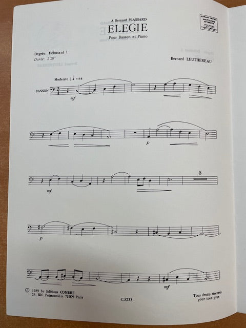 Bernard Leuthereau Elégie pour basson et piano-3000 partitions, livres et vinyles d'occasion en vente sur notre site internet gastonmusicclub.fr Gaston Music Store