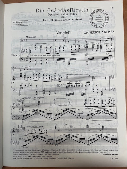 Emmerich Kalman Die Csardasfürstin pour piano et chant-3000 partitions, livres et vinyles d'occasion en vente sur notre site internet gastonmusicclub.fr Gaston Music Store