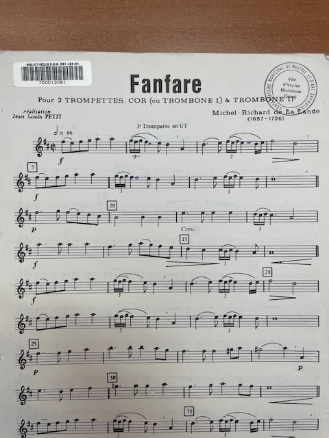 Michel-Richard de Lalande Fantare pour 2 trompettes, trombone et cor-3000 partitions, livres et vinyles d'occasion en vente sur notre site internet gastonmusicclub.fr Gaston Music Store