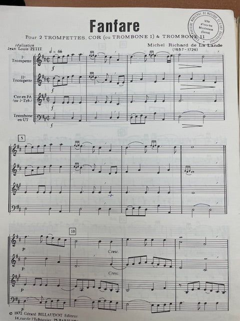 Michel-Richard de Lalande Fantare pour 2 trompettes, trombone et cor-3000 partitions, livres et vinyles d'occasion en vente sur notre site internet gastonmusicclub.fr Gaston Music Store