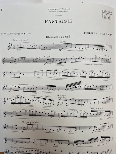 Philippe Gaubert Fantaisie pour clarinette et piano-3000 partitions, livres et vinyles d'occasion en vente sur notre site internet gastonmusicclub.fr Gaston Music Store