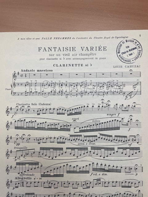 Louis Cahuzac Fantaisie variée sur un vieil air champêtre pour clarinette et piano-3000 partitions, livres et vinyles d'occasion en vente sur notre site internet gastonmusicclub.fr Gaston Music Store