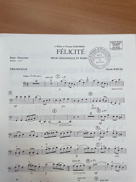 Claude Pascal Félicité pour violoncelle et piano-3000 partitions, livres et vinyles d'occasion en vente sur notre site internet gastonmusicclub.fr Gaston Music Store
