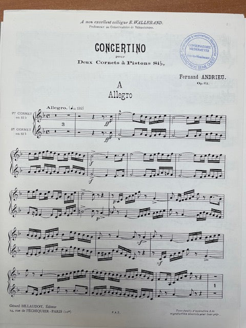 Fernand Andrieu Concertino opus 21 pour 2 cornets ou trompettes en sib et piano-3000 partitions, livres et vinyles d'occasion en vente sur notre site internet gastonmusicclub.fr Gaston Music Store