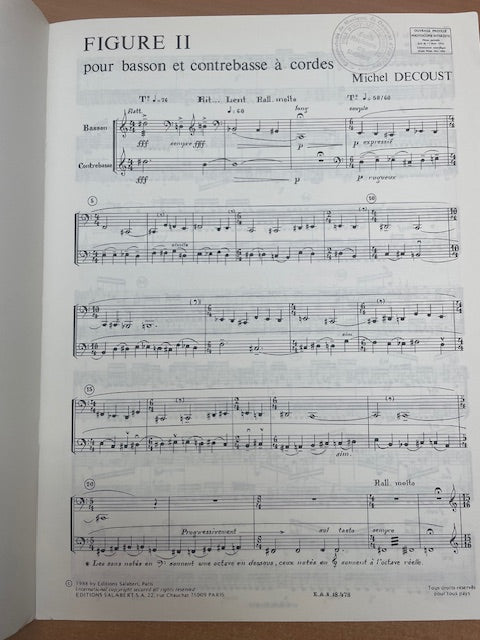 Michel Decoust Figure II pour basson et contrebasse à cordes-3000 partitions, livres et vinyles d'occasion en vente sur notre site internet gastonmusicclub.fr Gaston Music Store