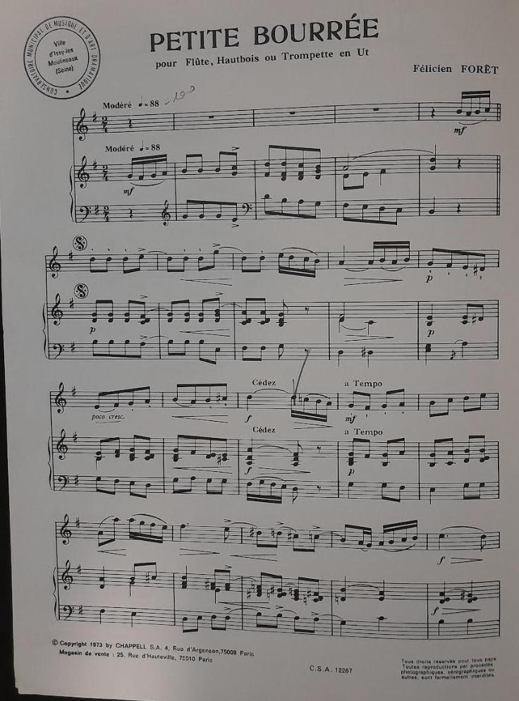Félicien Forêt Petite bourrée pour Flûte ou Hautbois ou Trompette en ut et piano-3000 partitions, livres et vinyles d'occasion en vente sur notre site internet gastonmusicclub.fr Gaston Music Store