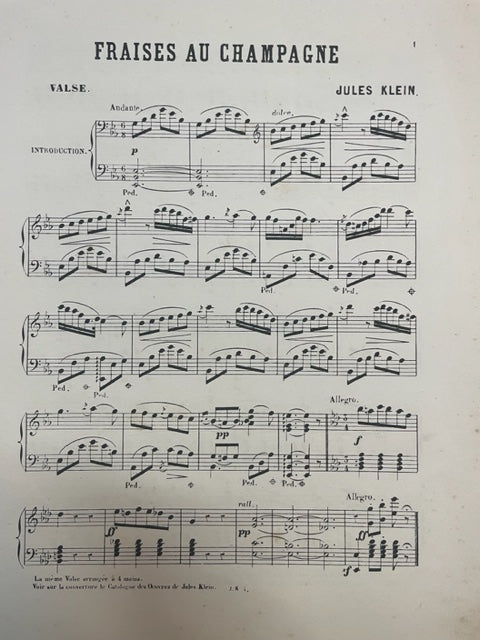 Jules Klein Fraises au Champagne, valse pour piano - 3000 partitions, livres et vinyles d'occasion en vente sur notre site internet gastonmusicclub.fr Gaston Music Store