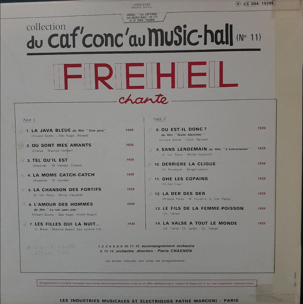 Vinyle Fréhel chante La Java bleue-3000 partitions, livres et vinyles d'occasion en vente sur notre site internet gastonmusicclub.fr Gaston Music Store