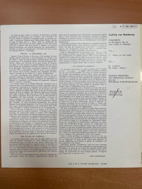 Vinyle Beethoven Concerto pour piano en ré majeur opus 61 Yehudi Menuhin, violon- 3000 partitions, livres et vinyles d'occasion en vente sur notre site internet gastonmusicclub.fr Gaston Music Store