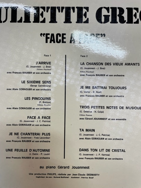 Vinyle Juliette Gréco Face à face -3000 partitions, livres et vinyles d'occasion en vente sur notre site internet gastonmusicclub.fr Gaston Music Store