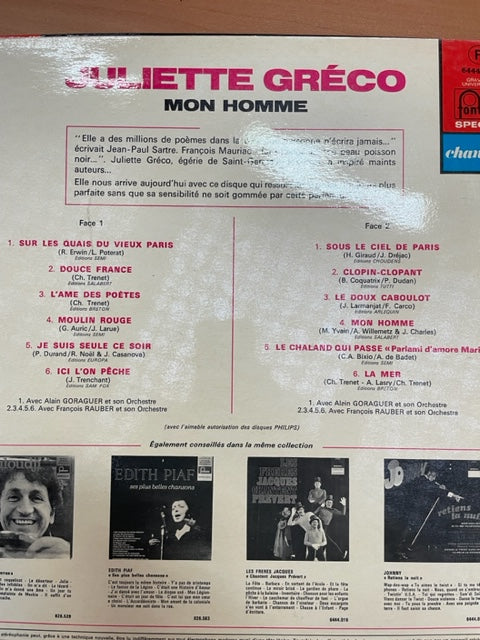 Vinyle Juliette Gréco Mon homme -3000 partitions, livres et vinyles d'occasion en vente sur notre site internet gastonmusicclub.fr Gaston Music Store