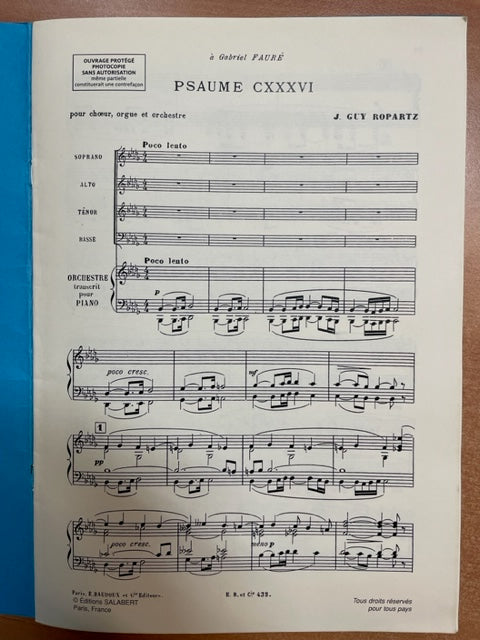 Guy Ropartz Psaume CXXXVI pour choeur, orgue réduction piano