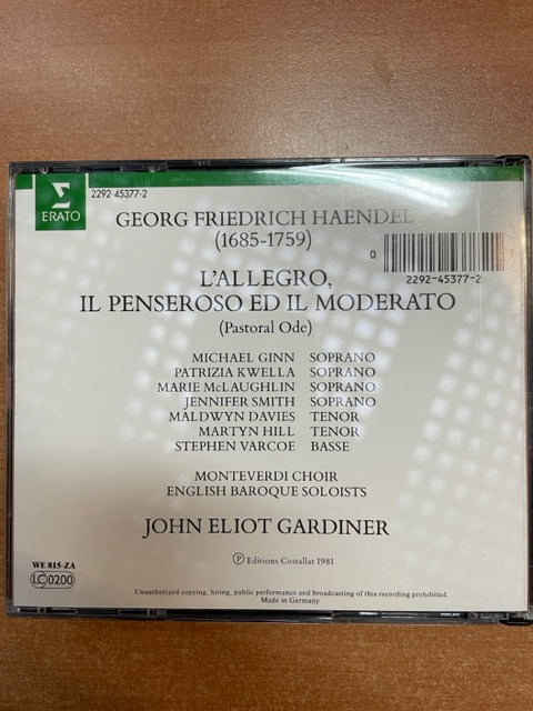 CD Haendel L'Allegro, il penseroso ede il moderato (Pastoral Ode) 2 CD John Eliot Gardiner
