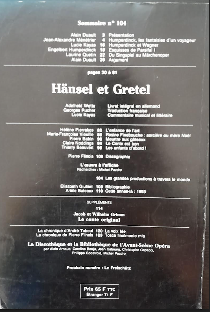 Humperdinck Hänsel et Gretel revue Avant-scène opéra n° 104-3000 partitions, livres et vinyles d'occasion en vente sur notre site internet gastonmusicclub.fr Gaston Music Store