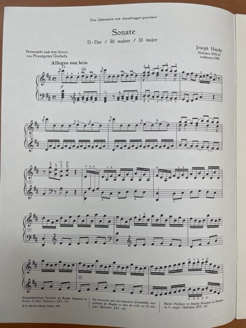 Haydn Joseph Sonate en ré majeur, Hoboken XVI: 37 partition piano