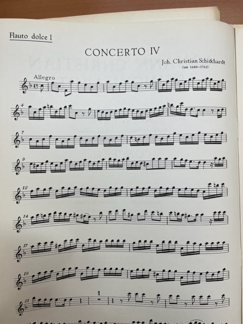 Johann Christian Schickhardt 6 Konzerte volume 2 : Concertos n° 4-6 - 4 flûtes à bec alto et piano