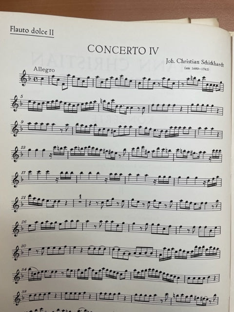 Johann Christian Schickhardt 6 Konzerte volume 2 : Concertos n° 4-6 - 4 flûtes à bec alto et piano