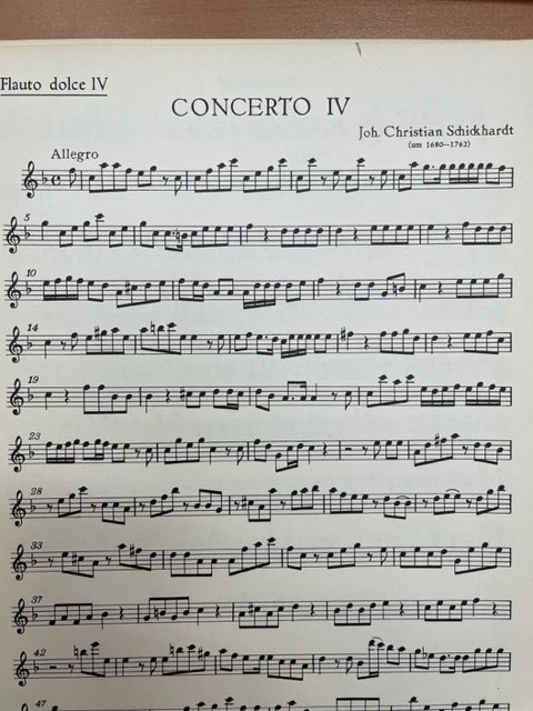 Johann Christian Schickhardt 6 Konzerte volume 2 : Concertos n° 4-6 - 4 flûtes à bec alto et piano