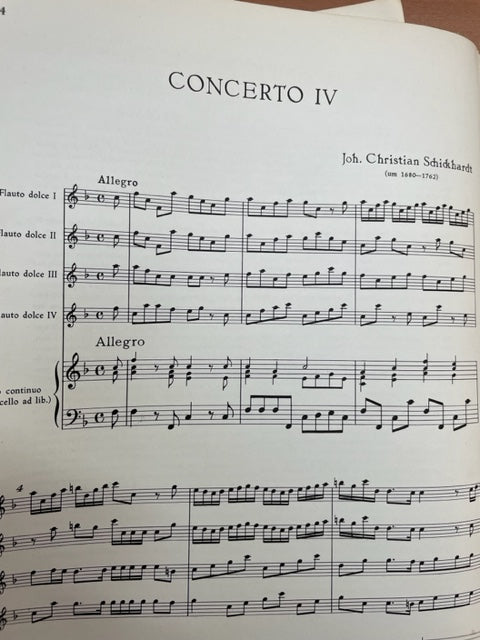 Johann Christian Schickhardt 6 Konzerte volume 2 : Concertos n° 4-6 - 4 flûtes à bec alto et piano