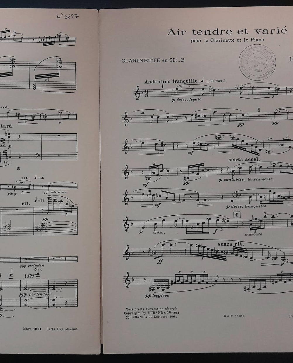 Jean Hubeau Air tendre et varié partition pour clarinette et piano-3000 partitions, livres et vinyles d'occasion en vente sur notre site internet gastonmusicclub.fr Gaston Music Store