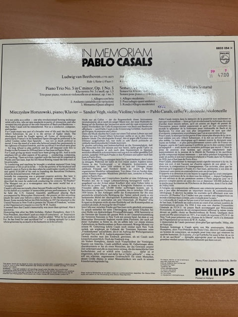 Vinyle in memoriam Pablo Casals Beethoven Piano Trio Opus 1 No. 3, Cello Sonata Opus 17 -3000 partitions, livres et vinyles d'occasion en vente sur notre site internet gastonmusicclub.fr Gaston Music Store