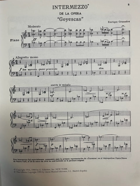 Enrique Granados Intermezzo de la Opera "Goyescas" partition piano - 3000 partitions, livres et vinyles d'occasion en vente sur notre site internet gastonmusicclub.fr Gaston Music Store