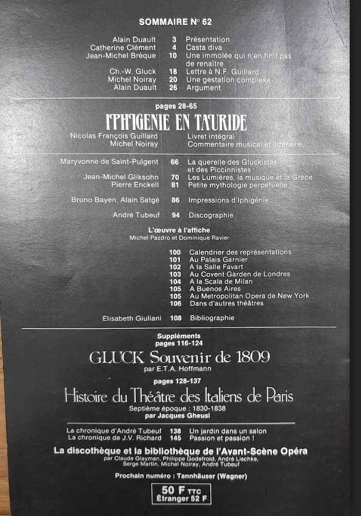 Gluck Iphigénie en Tauride.Revue "Avant-scène' n° 62-3000 partitions, livres et vinyles d'occasion en vente sur notre site internet gastonmusicclub.fr Gaston Music Store