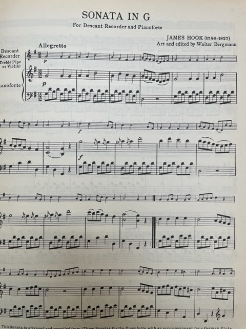 James Hook Sonata in G for descant recorder and pianoforteo-3000 partitions, livres et vinyles d'occasion en vente sur notre site internet gastonmusicclub.fr Gaston Music Store