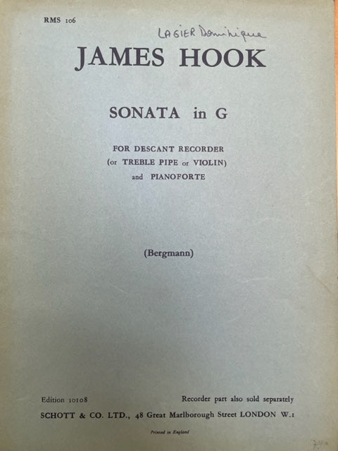 James Hook Sonata in G for descant recorder and pianoforteo-3000 partitions, livres et vinyles d'occasion en vente sur notre site internet gastonmusicclub.fr Gaston Music Store