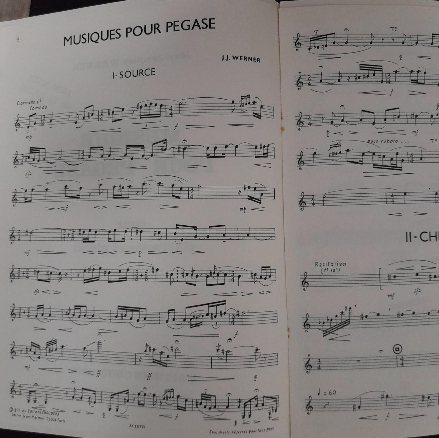 Jean-Jacques Werner Musique pour Pégase, partition pour clarinette et piano (1976)