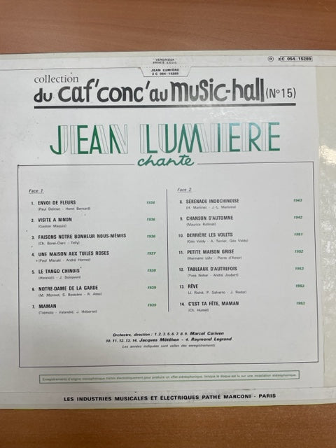 Vinyle Jean Lumière chante collection Du caf'conc' au Music-Hall n°15- 3000 partitions, livres et vinyles d'occasion en vente sur notre site internet gastonmusicclub.fr Gaston Music Store