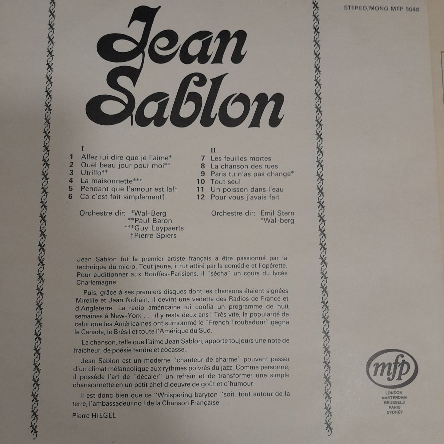 Vinyle Jean Sablon Les feuilles mortes- 3000 partitions, livres et vinyles d'occasion en vente sur notre site internet gastonmusicclub.fr Gaston Music Store
