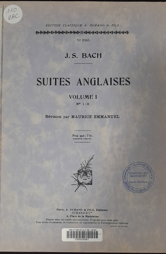 Jean Sebastien Bach Suites anglaises volume  1: 1 - 3 partition piano