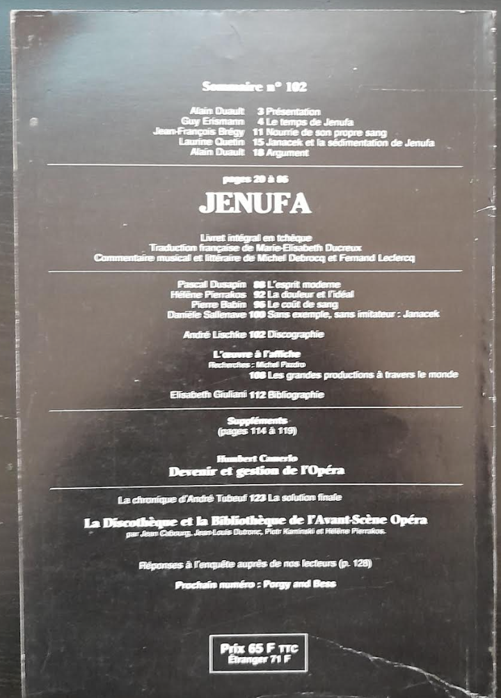 Revue "Avant-Scène" Opéra n° 102: Jenufa Janacek- 3000 partitions, livres et vinyles d'occasion en vente sur notre site internet gastonmusicclub.fr Gaston Music Store